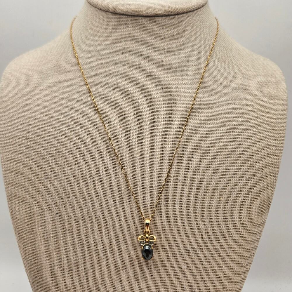 14K YELLOW GOLD BLACK ONYX DIAMOND BOW PENDANT NECKLACE VINTAGE STYLE